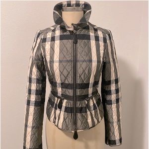 BURBERRY FITTED PEPLUM QUILTED JACKET.l, SIZE 4